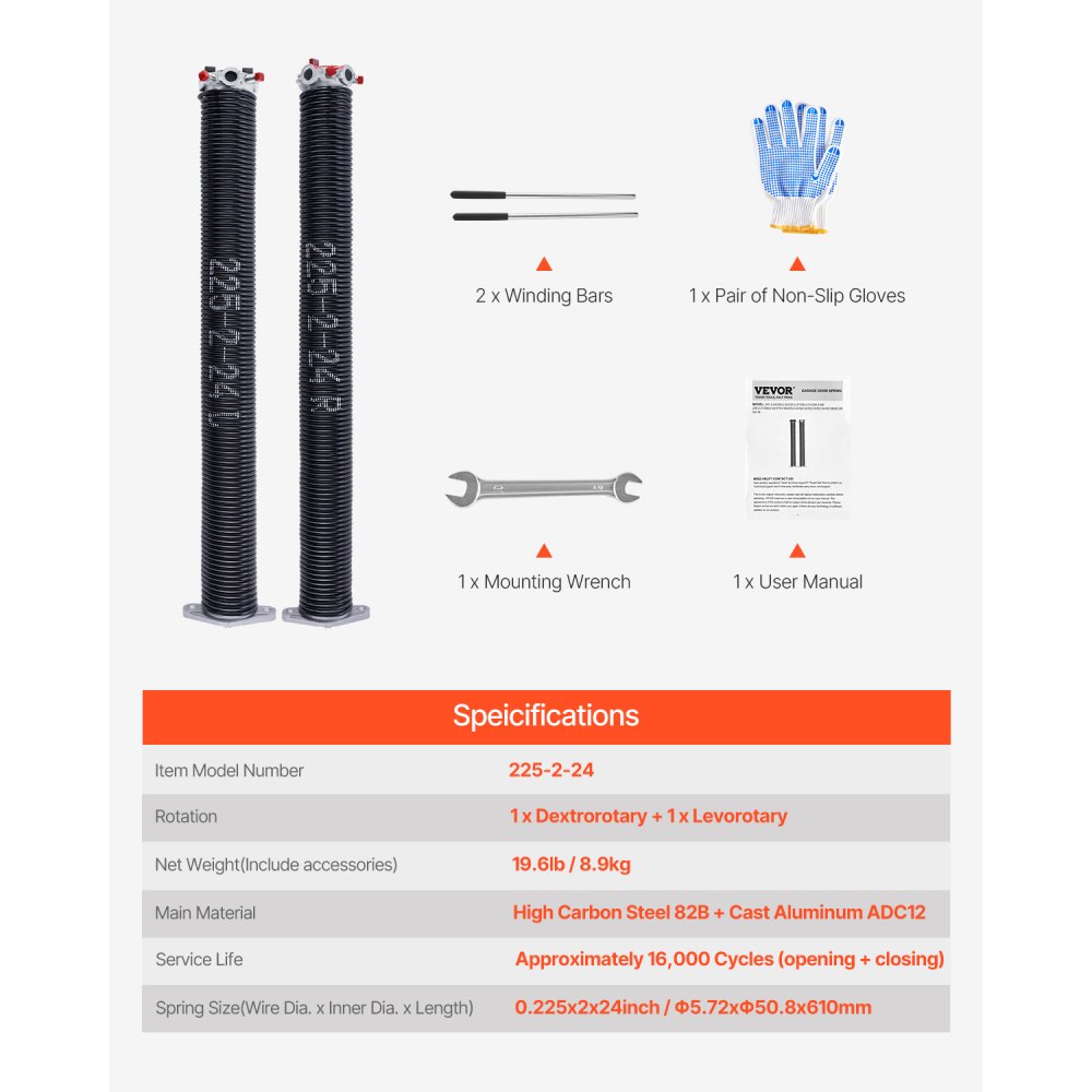 VEVOR Resortes de Torsión para Puertas de Garaje con Barras de Enrollado Antideslizantes y Guantes, Par de Φ5,72 x Φ50,8 x 610 mm, 16 000 Ciclos, Revestimiento Negro de Electroforesis para Reemplazo