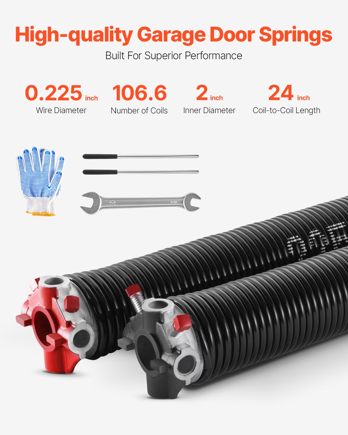 VEVOR Torsion Springs for Garage Doors (Φ 5.72 x Φ 50.8 x 610 mm) 16000 cycles, black coated, replacement, garage door springs with non-slip winding rods, gloves, and mounting wrench