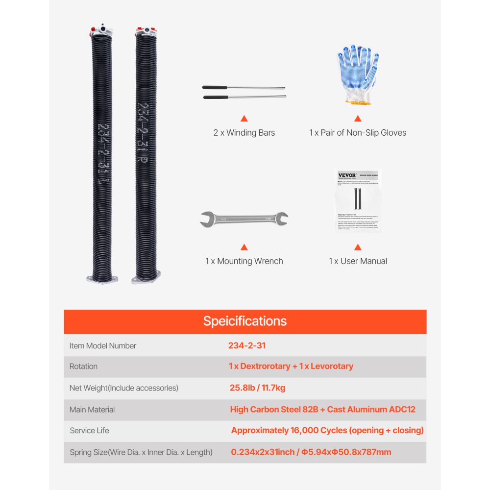 VEVOR Resortes de Torsión para Puertas de Garaje con Barras de Enrollado Antideslizantes y Guantes, Par de Φ5,94 x Φ50,8 x 787 mm, 16 000 Ciclos, Revestimiento Negro de Electroforesis para Reemplazo