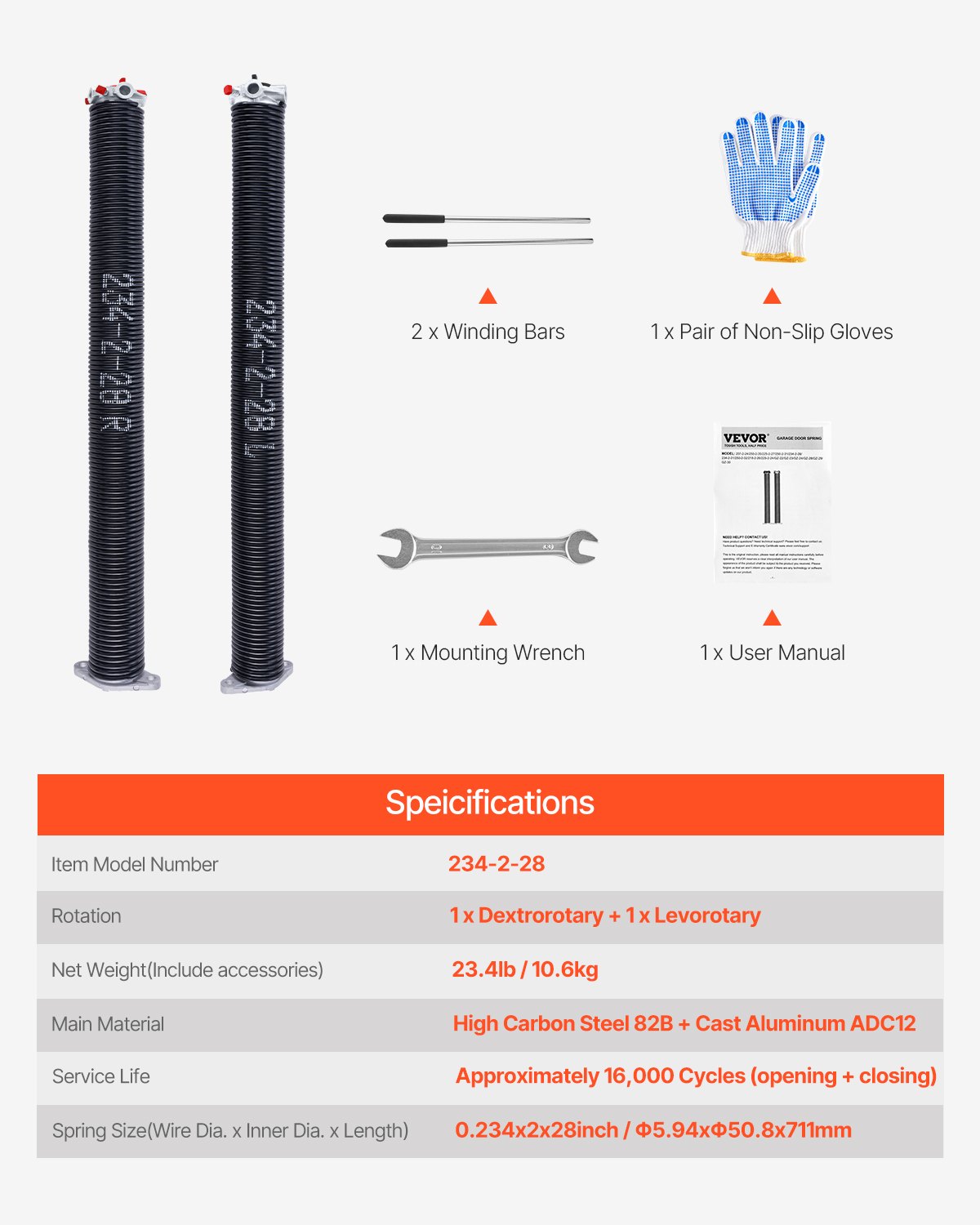 VEVOR Torsion Springs for Garage Doors (Φ 5.94 x Φ 50.8 x 711 mm) 16000 cycles, black coated, replacement, garage door springs with non-slip winding rods, gloves, and mounting wrench