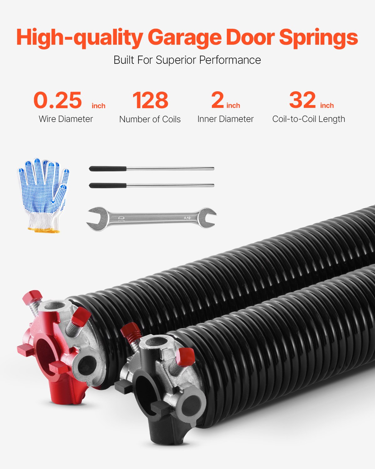 VEVOR Torsion Springs for Garage Doors Φ 6.35 x Φ 50.8 x 813 mm 16000 cycles, electrophoretic coated, black, replacement, garage door springs with non-slip winding rods, gloves