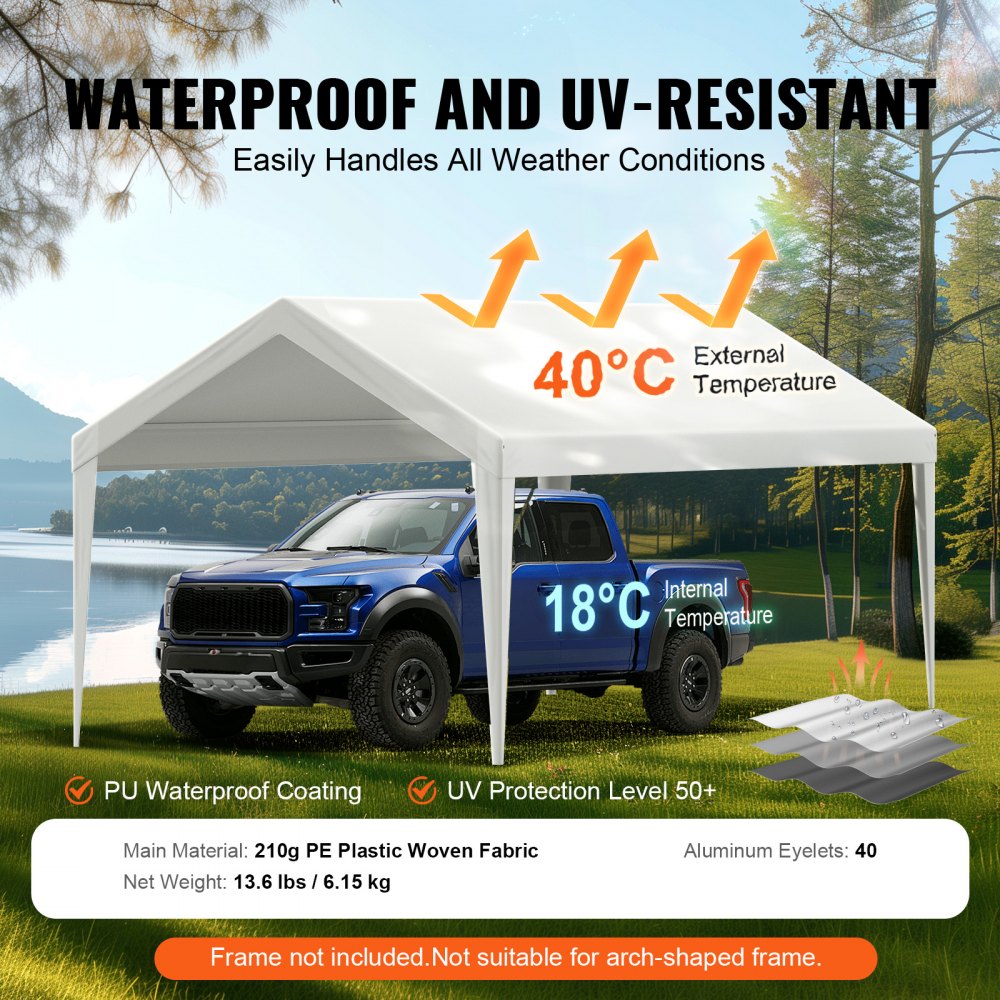 VEVOR Cubierta de Repuesto para Toldo de Cochera de 6100 x 3040 x 850 mm, Refugio para Tienda de Campaña Superior de Garaje, Resistente al Agua y con Protección UV, Blanco, Marco NO Incluido
