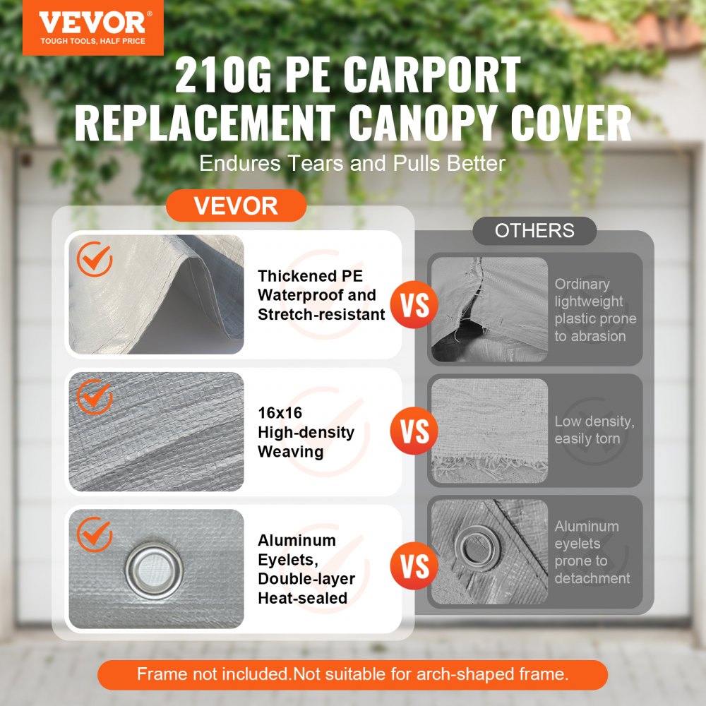 VEVOR Cubierta de Repuesto para Toldo de Cochera de 610 x 304 x 85 mm, Refugio para Tienda de Campaña, Resistente al Agua y con Protección UV con Cuerdas Elásticas de Bolas, Gris, Marco NO Incluido