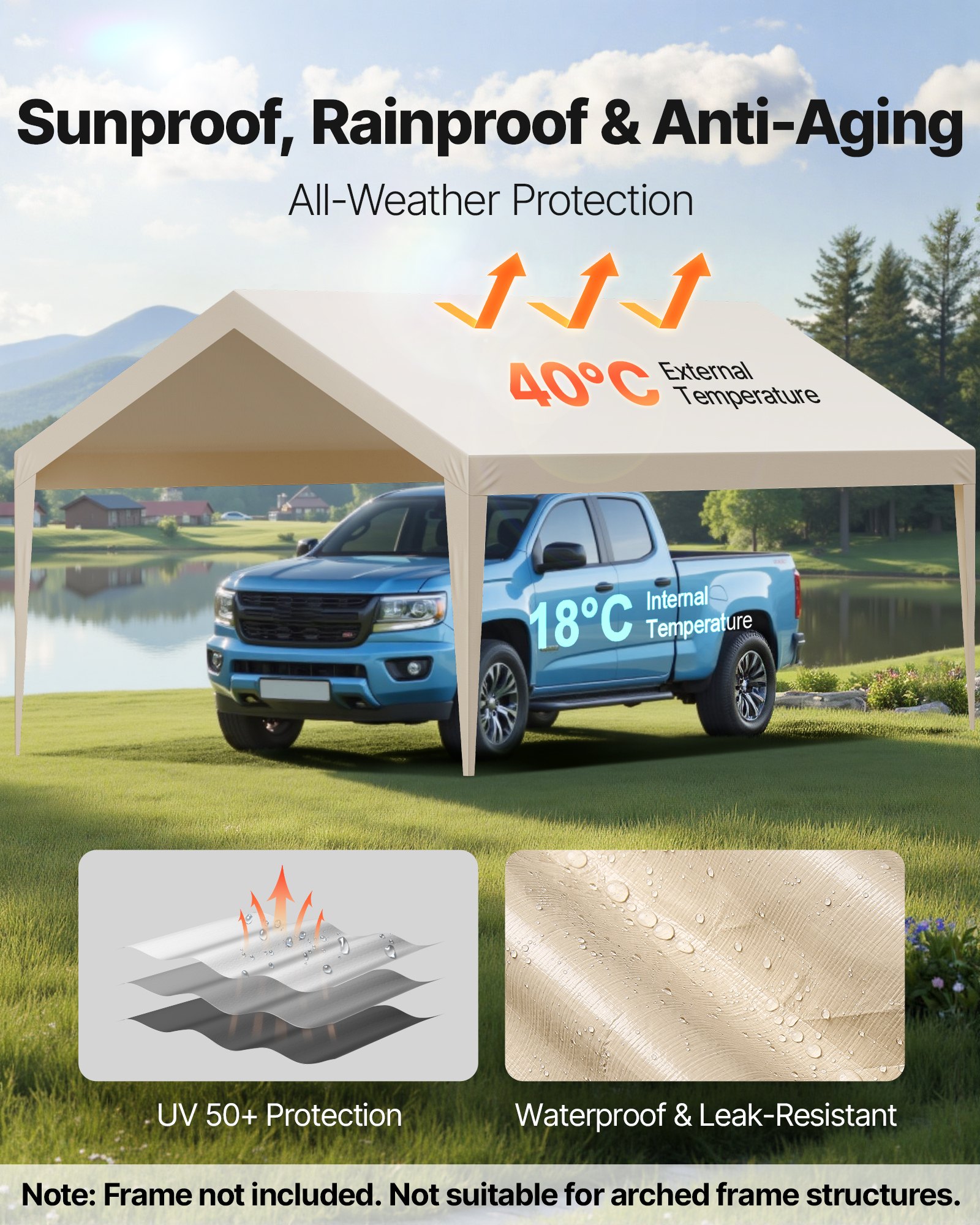VEVOR Toldo de Repuesto para Cochera de 6,09 x 3,65 m, Carpa de Garaje para Coche Tela de Polietileno Resistente a los Rayos UV, para Cubrir Vehículos, Maquinaria Agrícola, Beige, Marco No Incluido