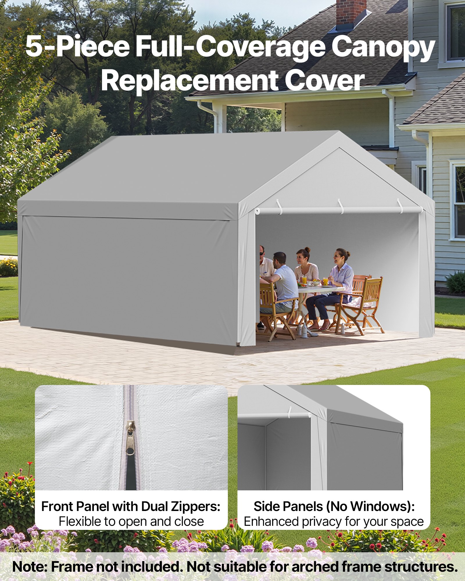 VEVOR Carport Replacement Canopy, 6 x 4 m Potable Garage Tent Top Tarp with Sidewalls, UV-Resistant & Waterproof, Heavy Duty Car Shelter Tarp with Ball Buggees, Grey, Frame Not Included