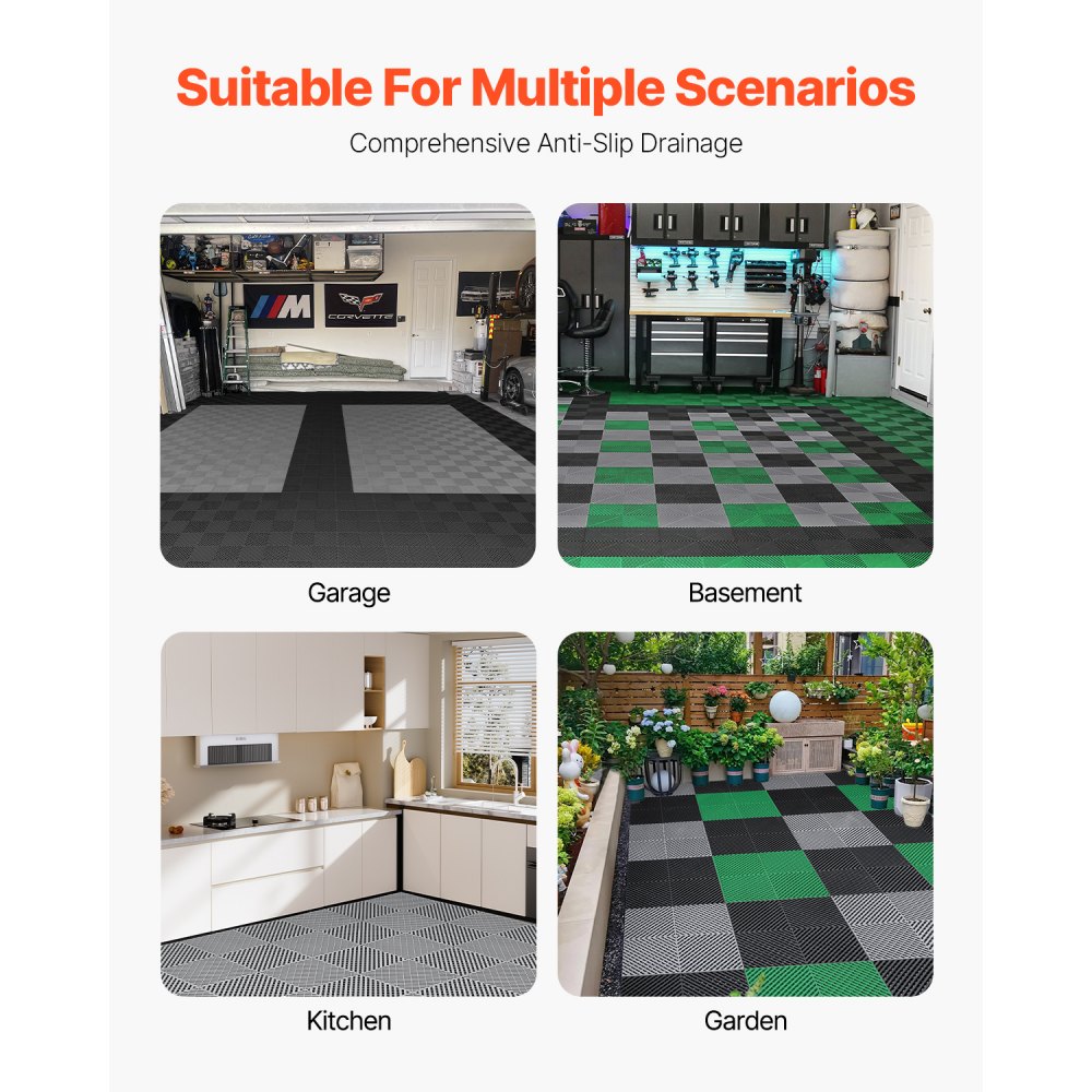 VEVOR Interlocking Drainage Mat, 15.7 x 15.7 Inches, Modular Interlocking Cushion, 24-Piece Spliced Drainage Mats, Non-Slip Gray PP Drainage Floor Tiles and Shower Mat, for Garage, Garden, Kitchen and Outdoor Areas