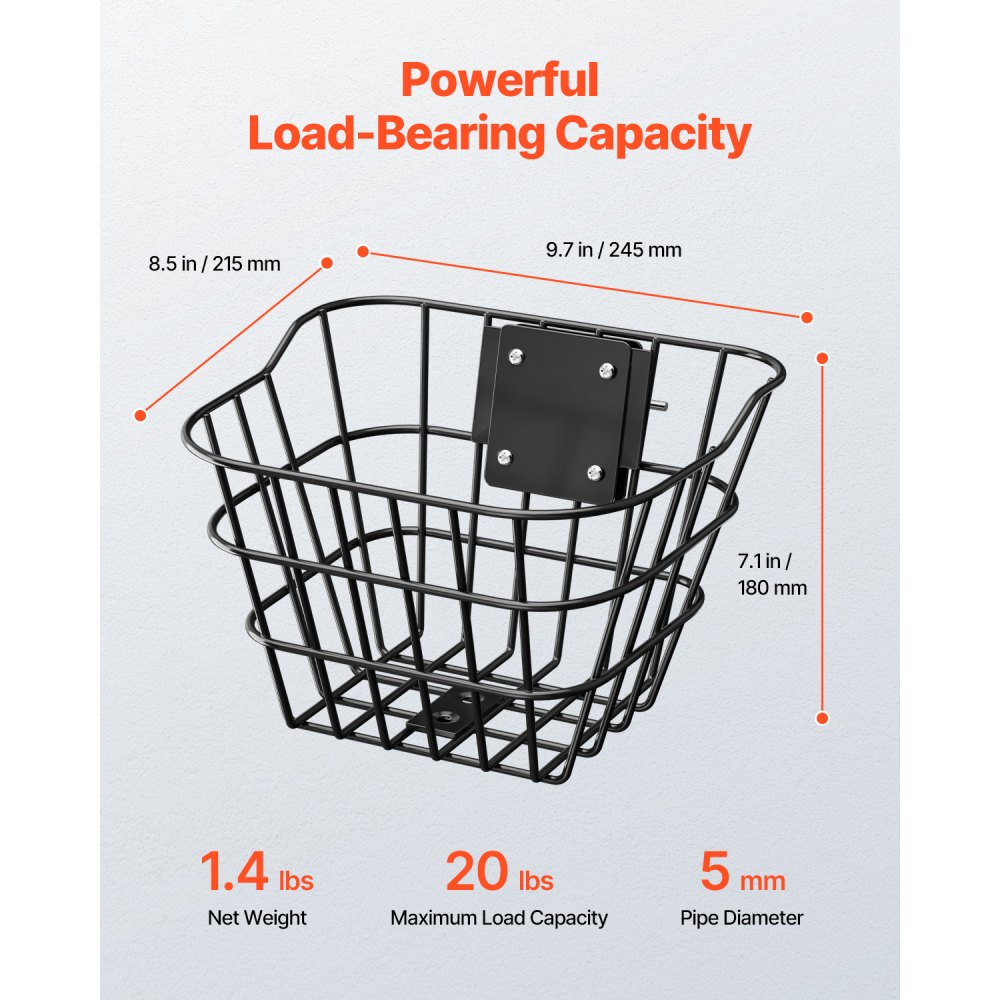 VEVOR Cesta Delantera para Bicicleta con Soporte Fijo Capacidad de Carga de 9 kg Fabricada en Acero Macizo Cesta para Bicicleta para Niños Adultos Accesorios para Patinete Eléctrico de Rodilla