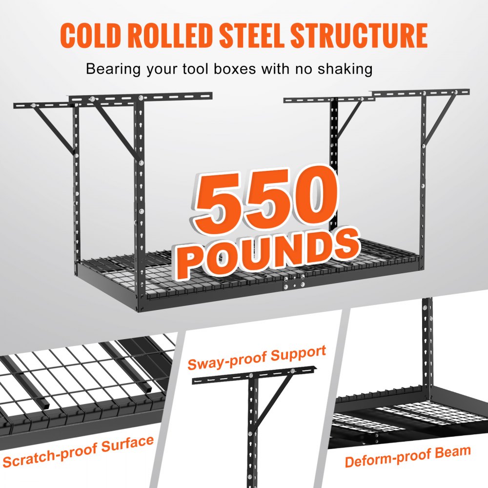 VEVOR Estante de Almacenamiento de Garaje, 36"x72", Estante de Almacenamiento de Techo, Acero Laminado en Frío Ajustable para Almacenamiento de Garaje, Organización, Carga 250 kg, 22"-40", Negro
