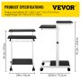 Especificaciones del escritorio de pie móvil VEVOR: 24&quot; x 28,8&quot; x 34,1&quot; con un rango de altura de 34,1&quot; a 47,2&quot;.