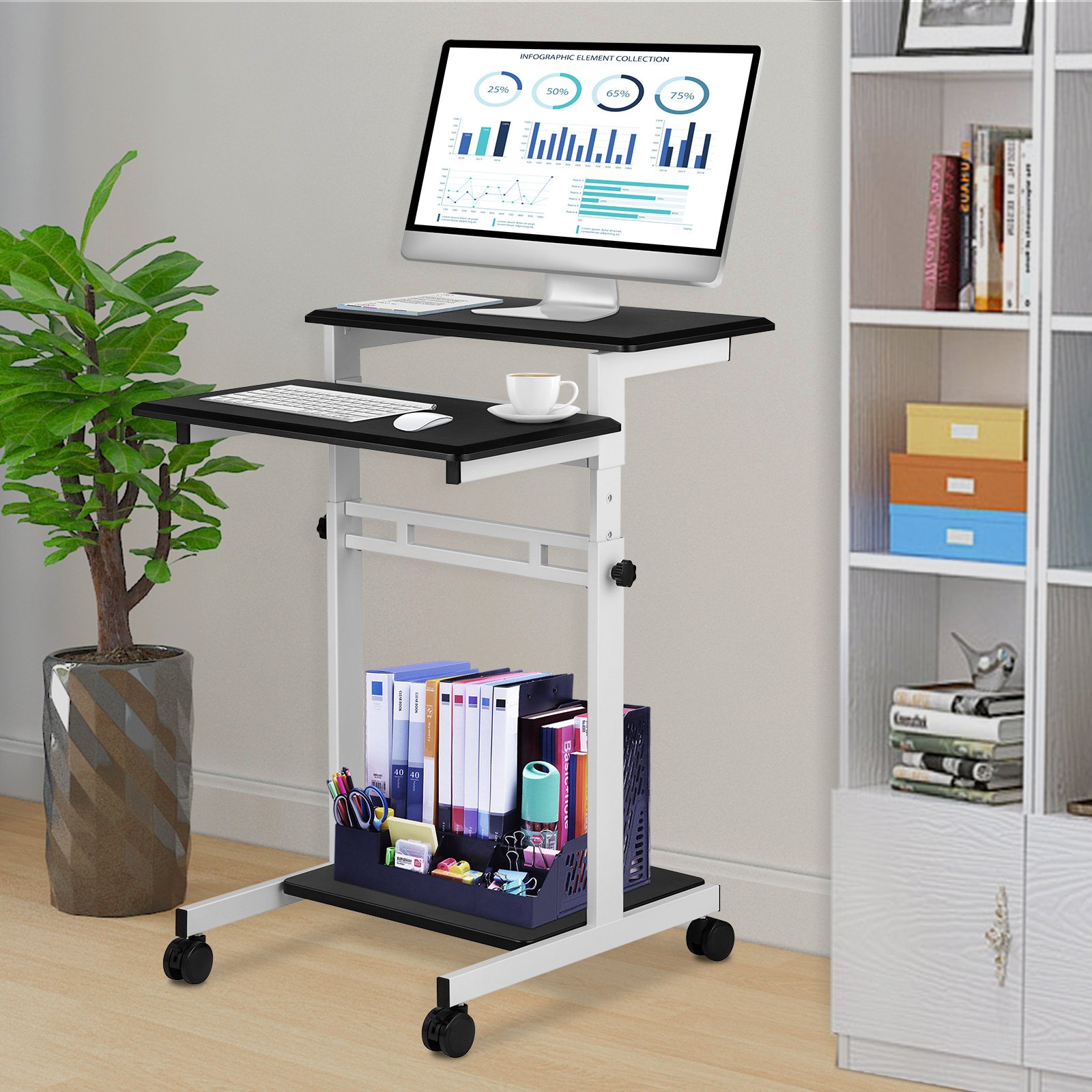 Escritorio móvil VEVOR con monitor, teclado y taza, rodeado de libros, archivos y decoración organizados.