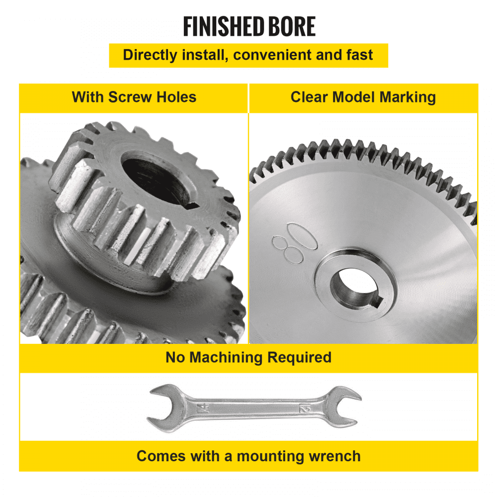 Engranajes de mini torno VEVOR con orificios para tornillos, marcado de modelo claro y llave incluida.