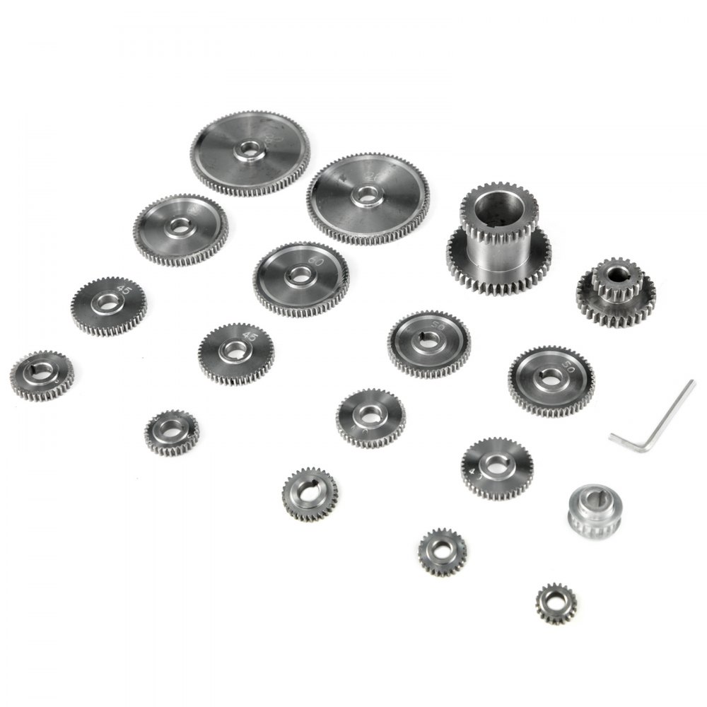 Juego de engranajes para mini torno VEVOR con múltiples engranajes y una pequeña llave hexagonal.