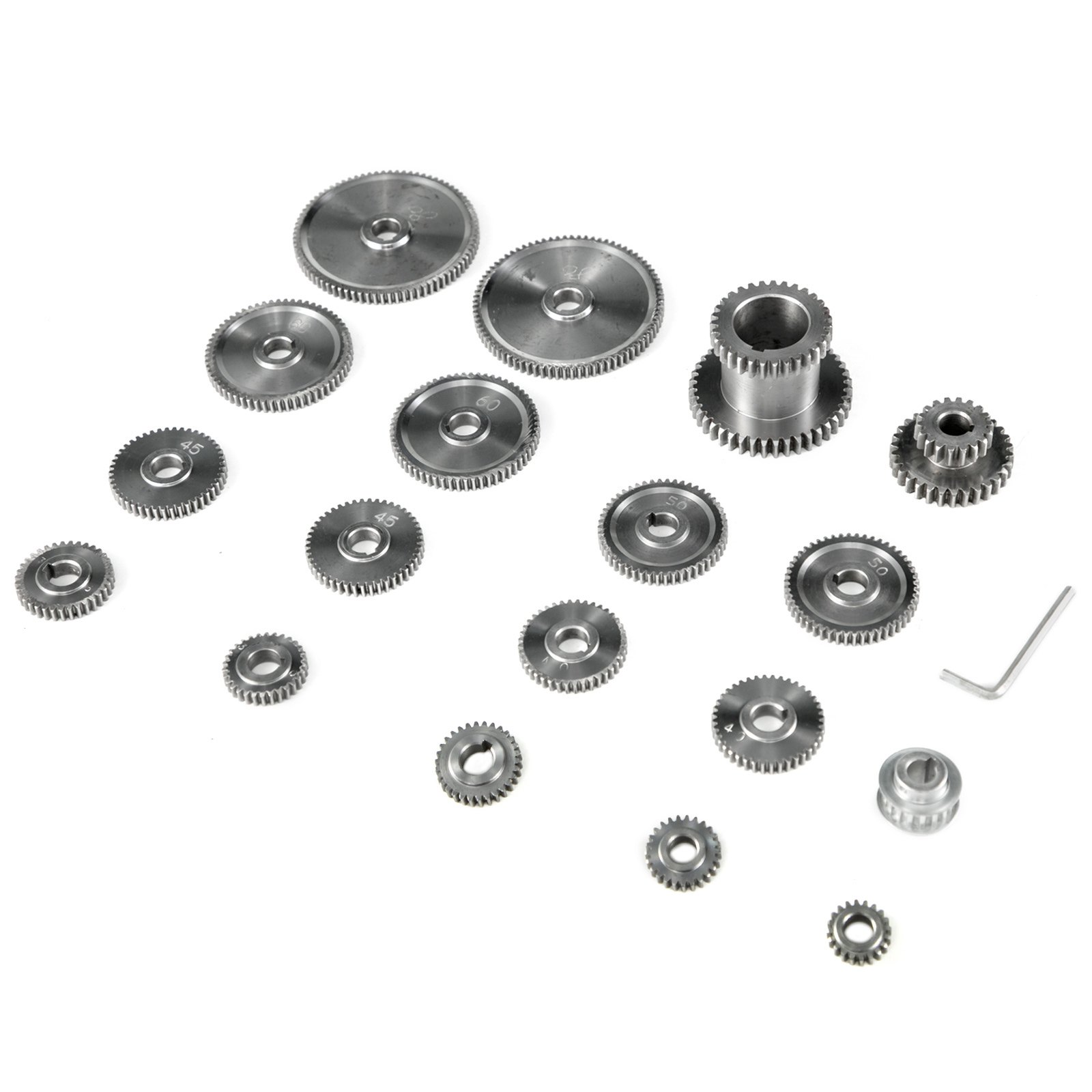Juego de engranajes para mini torno VEVOR con múltiples engranajes y una pequeña llave hexagonal.