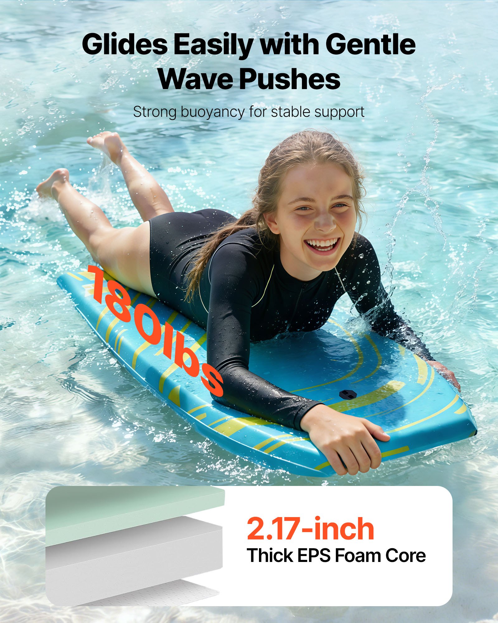 VEVOR Tabla de Bodyboard de 105,5 cm, Tabla de Surf Bodyboard con Núcleo de Espuma EPS y Correa para Muñeca, Capacidad de Carga de 81,7 kg, Resistente a los Rayos UV, para Principiantes, Jóvenes
