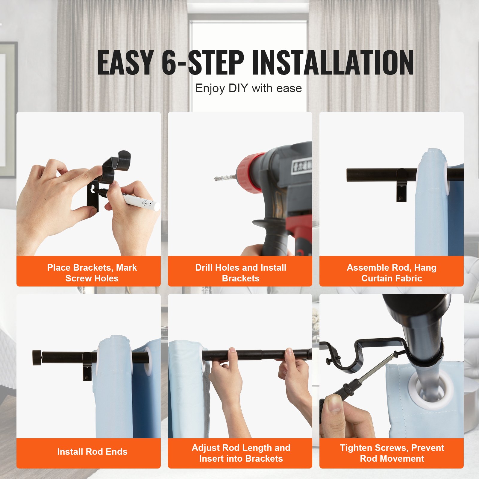 VEVOR Barra de Cortina Doble Longitud Extensible 183-366 cm con Remates de Tapa