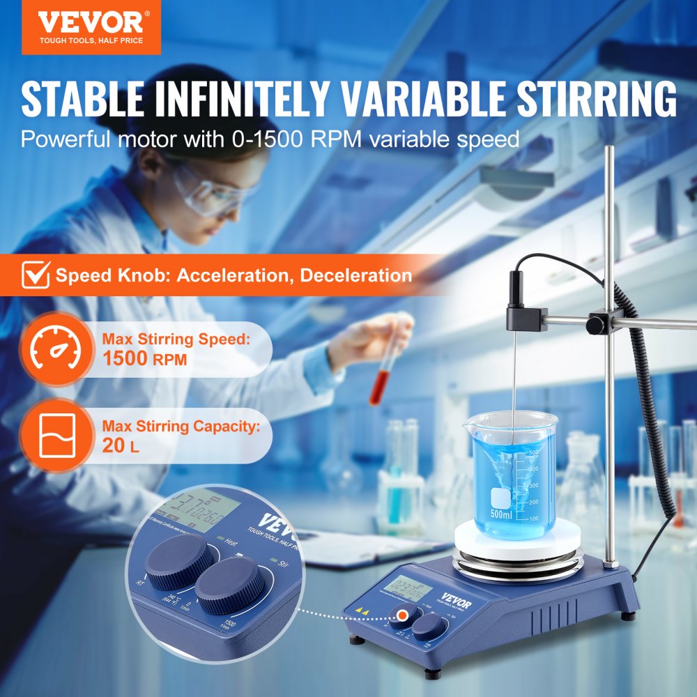 VEVOR Agitador magnético calentado 0-1500 rpm Mezclador magnético de placa caliente de 20 L Agitador de laboratorio digital de 340 °C con pantalla LED y barra para experimentos de investigación