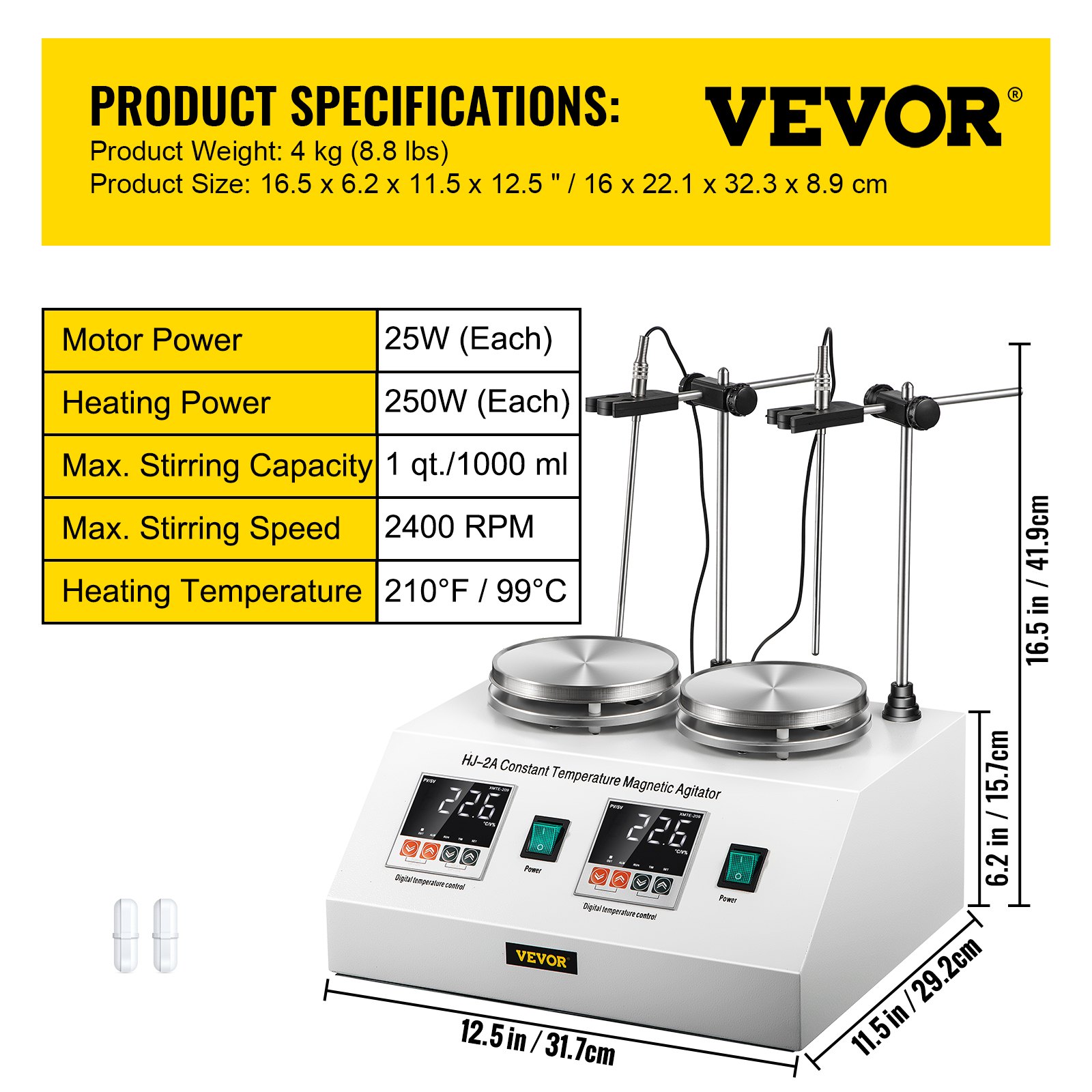 Mezclador Agitador Magnético 2 Unidades Max.1000ml Acero Inoxidable