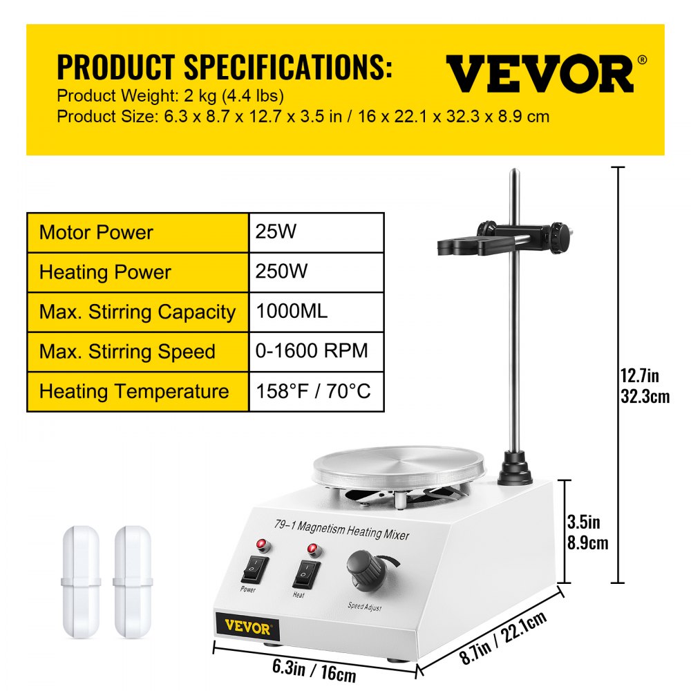 VEVOR Agitador Magnético 250W 158°F/70°C Placa Calefactora con Agitador Magnético 0-1600 RPM Agitador Magnético de Laboratorio Ajustable de 1000 ml con Soporte, Barra Agitadora