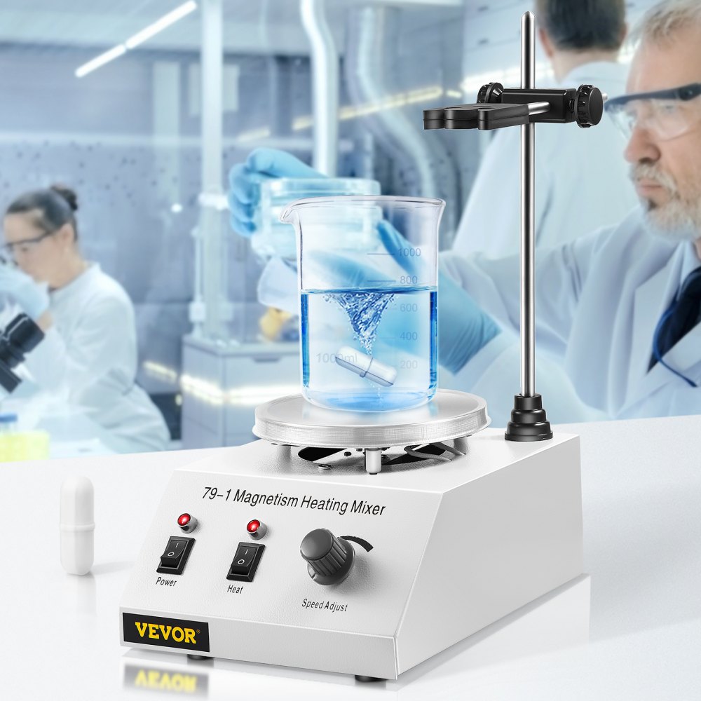 VEVOR Agitador Magnético 250W 158°F/70°C Placa Calefactora con Agitador Magnético 0-1600 RPM Agitador Magnético de Laboratorio Ajustable de 1000 ml con Soporte, Barra Agitadora