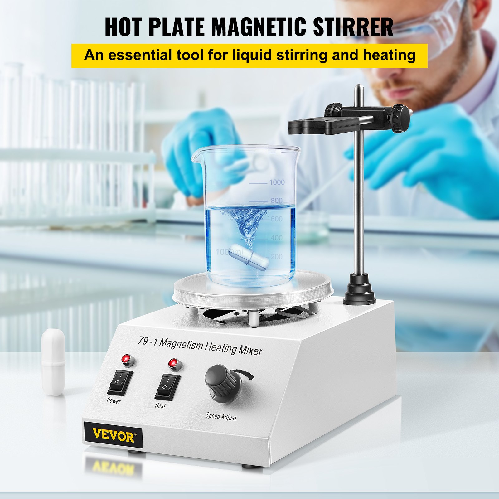 VEVOR Agitador Magnético 250W 158°F/70°C Placa Calefactora con Agitador Magnético 0-1600 RPM Agitador Magnético de Laboratorio Ajustable de 1000 ml con Soporte, Barra Agitadora