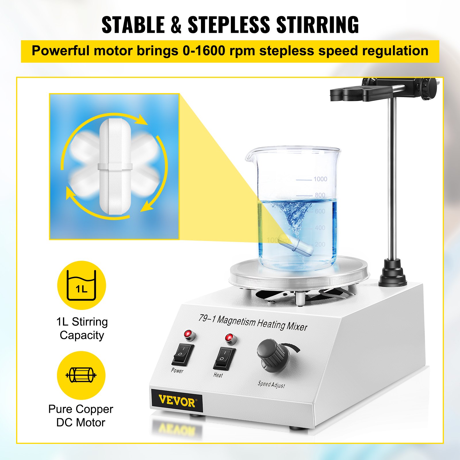 VEVOR Agitador Magnético 250W 158°F/70°C Placa Calefactora con Agitador Magnético 0-1600 RPM Agitador Magnético de Laboratorio Ajustable de 1000 ml con Soporte, Barra Agitadora