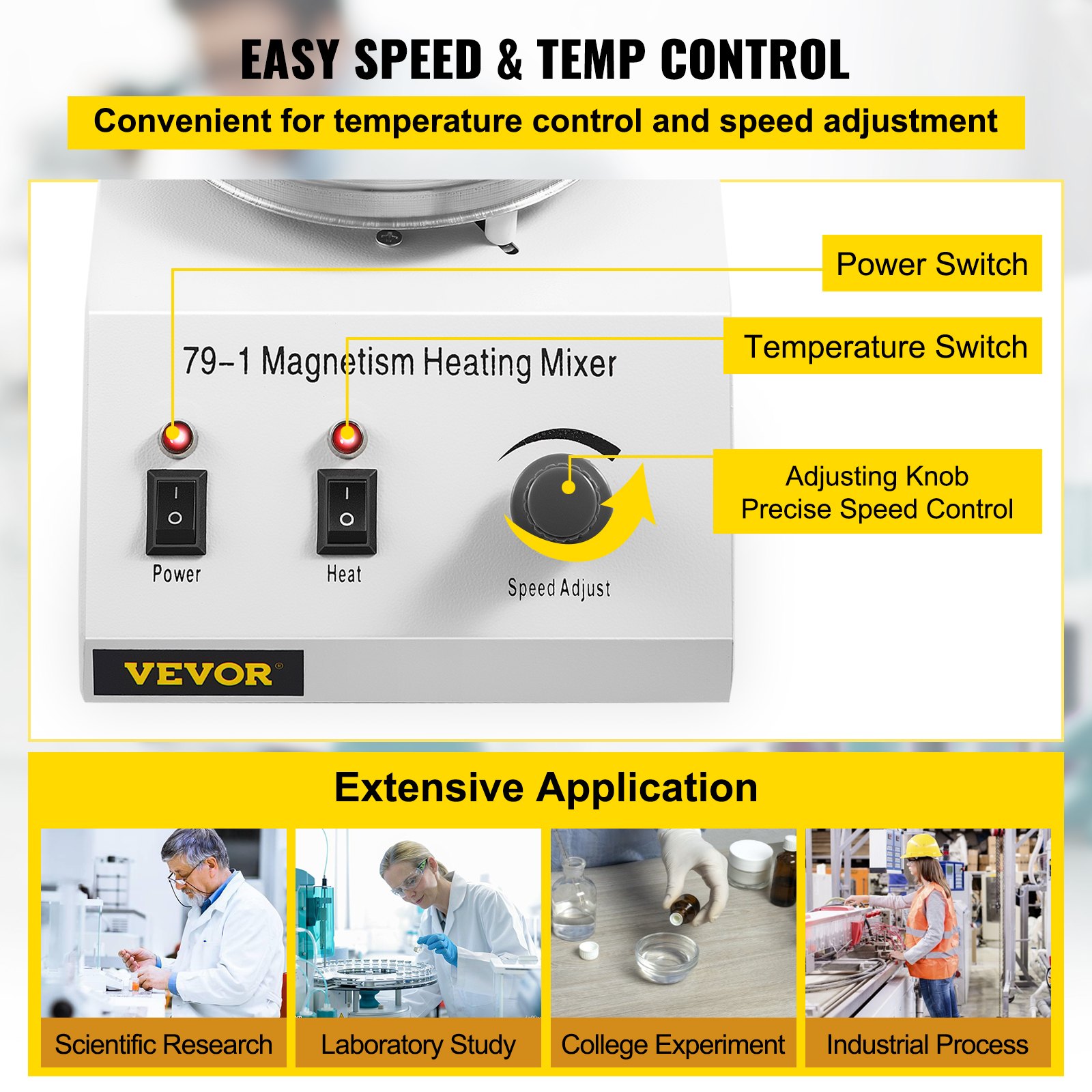 VEVOR Agitador Magnético 250W 158°F/70°C Placa Calefactora con Agitador Magnético 0-1600 RPM Agitador Magnético de Laboratorio Ajustable de 1000 ml con Soporte, Barra Agitadora