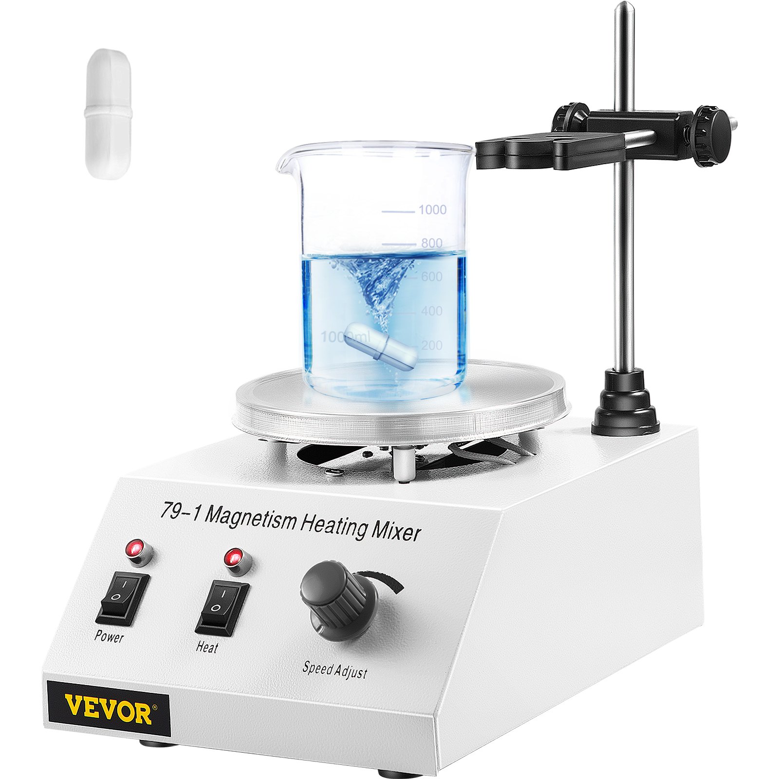 VEVOR Agitador Magnético 250W 158°F/70°C Placa Calefactora con Agitador Magnético 0-1600 RPM Agitador Magnético de Laboratorio Ajustable de 1000 ml con Soporte, Barra Agitadora