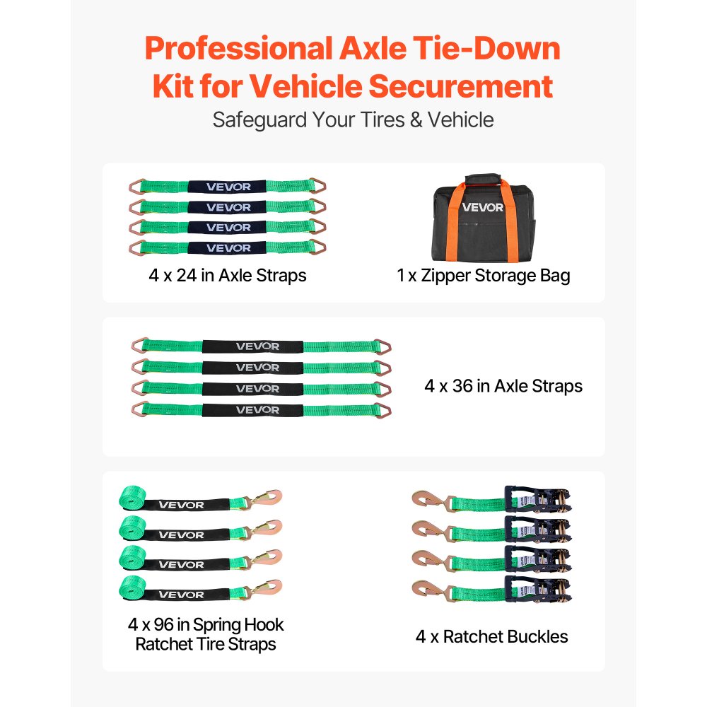 VEVOR Kit de Amarre para Vehículos 50,8 x 2438,4 mm, Correas de Amarre de Eje con Ganchos de Resorte, Resistencia a la Rotura de 4540 kg, Carga de Trabajo de 1512 kg, para ATV, UTV, Remolques