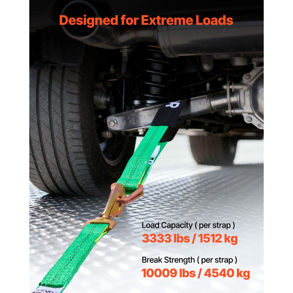 VEVOR Kit de Amarre para Vehículos 50,8 x 2438,4 mm, Correas de Amarre de Eje con Ganchos de Resorte, Resistencia a la Rotura de 4540 kg, Carga de Trabajo de 1512 kg, para ATV, UTV, Remolques