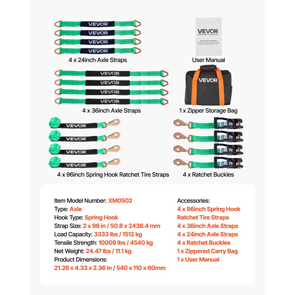 VEVOR Kit de Amarre para Vehículos 50,8 x 2438,4 mm, Correas de Amarre de Eje con Ganchos de Resorte, Resistencia a la Rotura de 4540 kg, Carga de Trabajo de 1512 kg, para ATV, UTV, Remolques