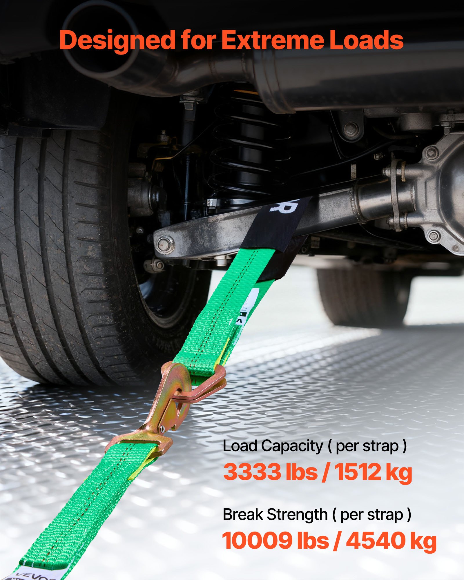 VEVOR Kit de Amarre para Vehículos 50,8 x 2438,4 mm, Correas de Amarre de Eje con Ganchos de Resorte, Resistencia a la Rotura de 4540 kg, Carga de Trabajo de 1512 kg, para ATV, UTV, Remolques