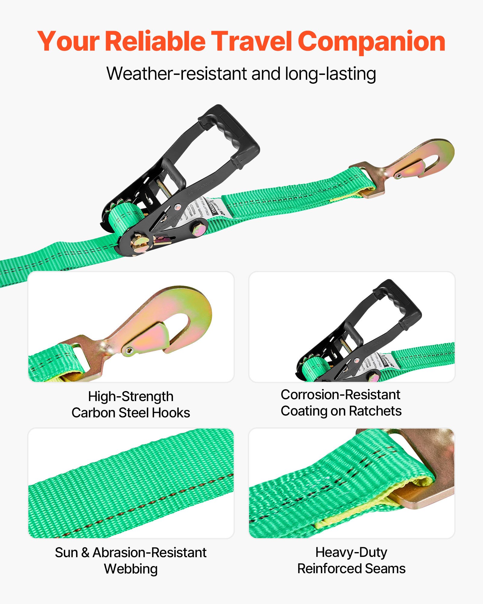 VEVOR Kit de Amarre para Vehículos 50,8 x 2438,4 mm, Correas de Amarre de Eje con Ganchos de Resorte, Resistencia a la Rotura de 4540 kg, Carga de Trabajo de 1512 kg, para ATV, UTV, Remolques