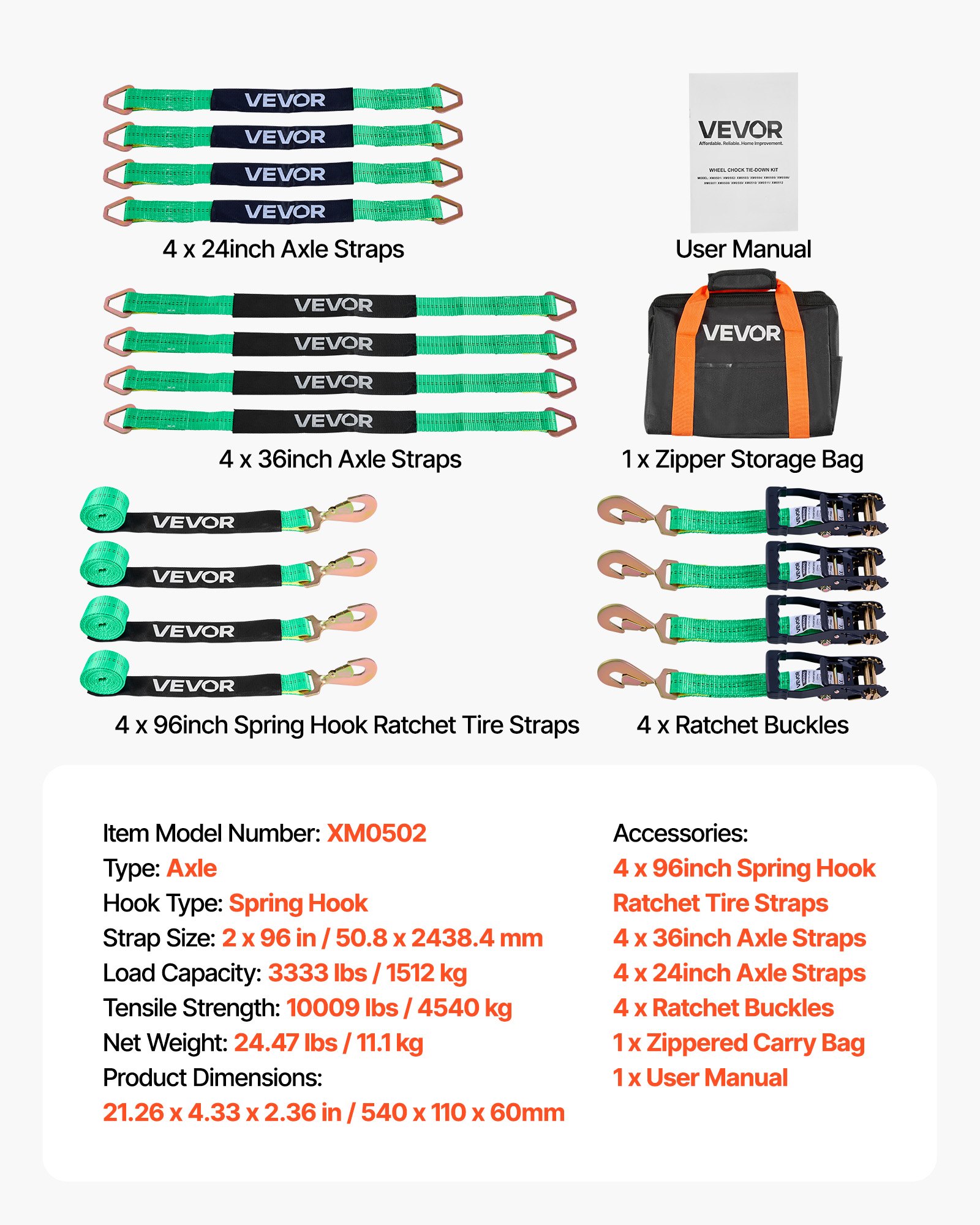 VEVOR Kit de Amarre para Vehículos 50,8 x 2438,4 mm, Correas de Amarre de Eje con Ganchos de Resorte, Resistencia a la Rotura de 4540 kg, Carga de Trabajo de 1512 kg, para ATV, UTV, Remolques