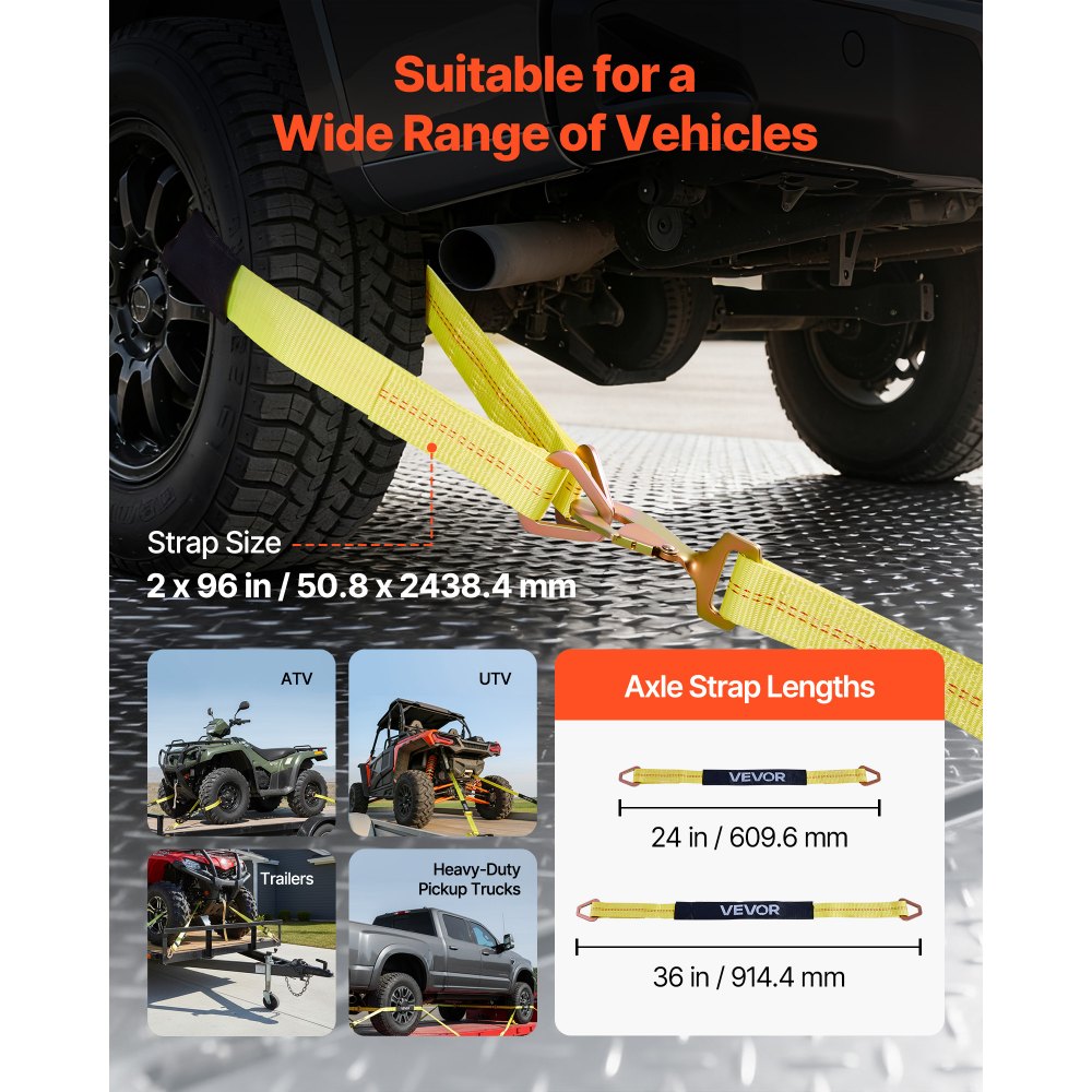 VEVOR Kit de Amarre para Vehículos 50,8 x 2438,4 mm, Correas de Amarre de Eje con Gancho de Resorte, Resistencia a la Rotura de 4540 kg, Carga de Trabajo de 1512 kg, para ATV, UTV, Remolques, Amarillo