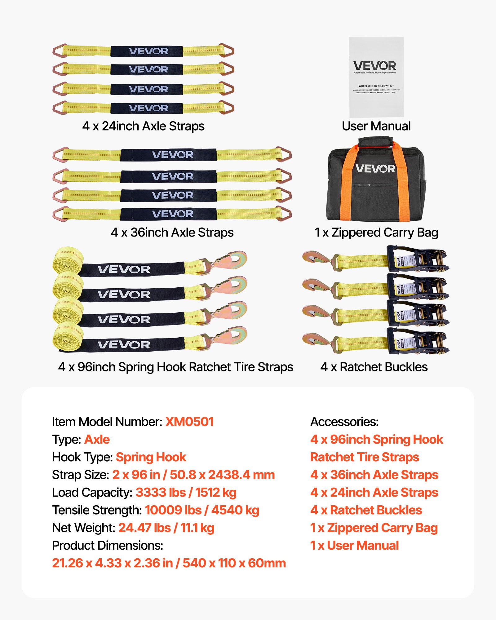 VEVOR Kit de Amarre para Vehículos 50,8 x 2438,4 mm, Correas de Amarre de Eje con Gancho de Resorte, Resistencia a la Rotura de 4540 kg, Carga de Trabajo de 1512 kg, para ATV, UTV, Remolques, Amarillo