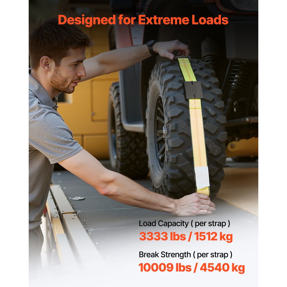 VEVOR Wheel Chock Tie-Down Kit, Deck-Style Trailer Tie Down Strap, Car Tie Down Kit with J-Hook, Break Strength 4540 kg & Working Load 1512 kg Motorcycle Tie-Down System for SUVs, Trailers, Trucks