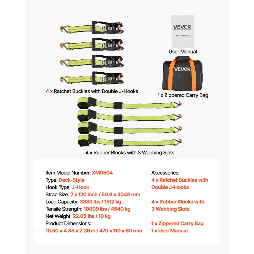 VEVOR Wheel Chock Tie-Down Kit, Deck-Style Trailer Tie Down Strap, Car Tie Down Kit with J-Hook, Break Strength 4540 kg & Working Load 1512 kg Motorcycle Tie-Down System for SUVs, Trailers, Trucks