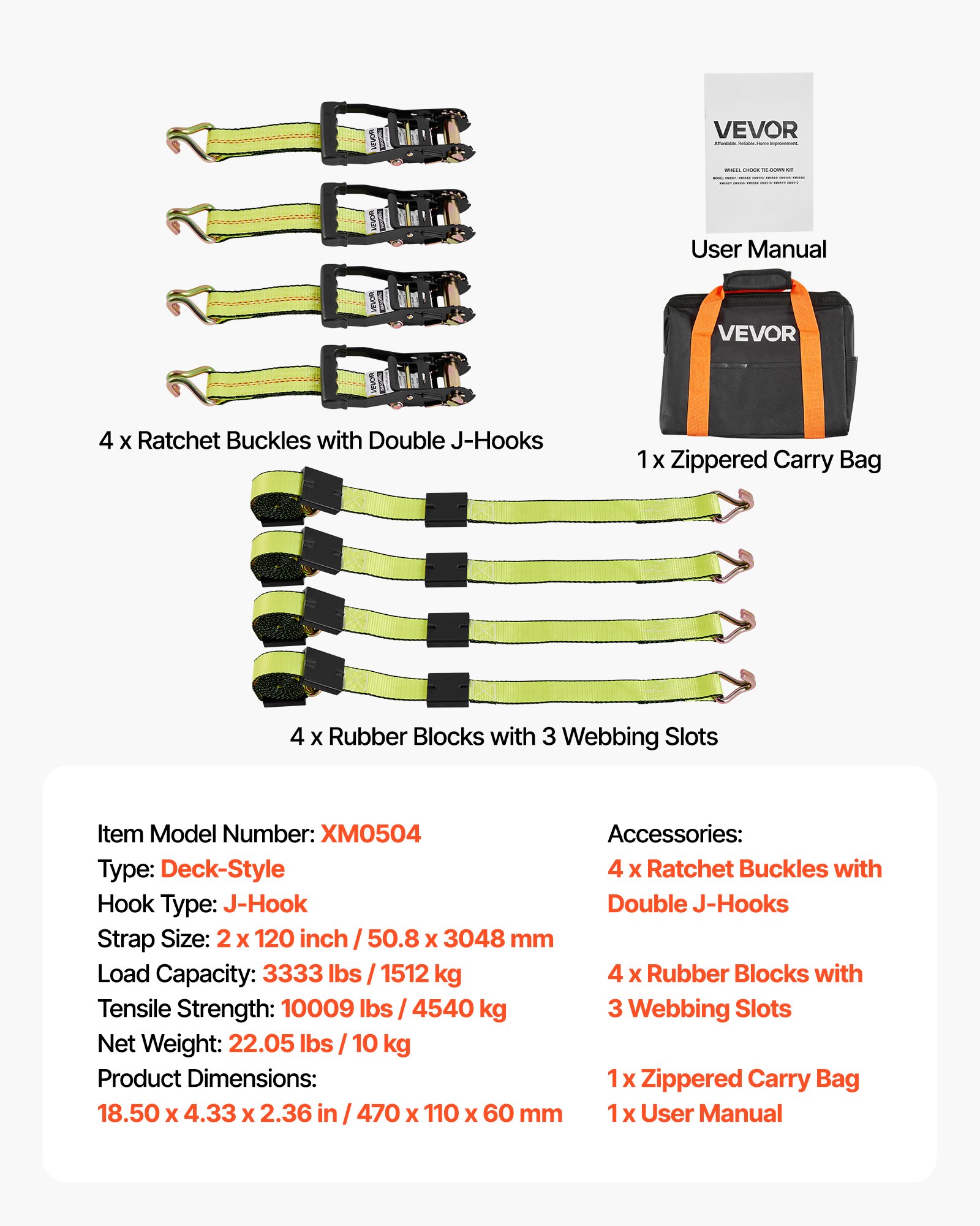 VEVOR Wheel Chock Tie-Down Kit, Deck-Style Trailer Tie Down Strap, Car Tie Down Kit with J-Hook, Break Strength 4540 kg & Working Load 1512 kg Motorcycle Tie-Down System for SUVs, Trailers, Trucks