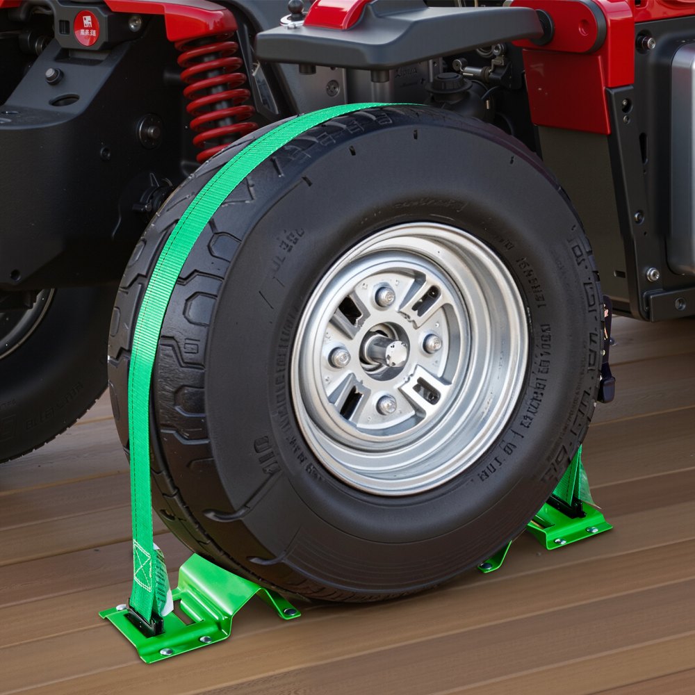 VEVOR Kit de Amarre de Calzo de Ruedas, Correas de Amarre para Ruedas Tipo Calzo con Hebilla, Resistencia a la Rotura de 1986,73 kg, Carga de Trabajo de 662 kg, para Vehículos, ATV, UTV, Verde