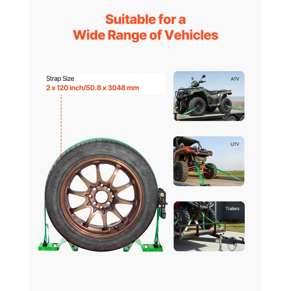 VEVOR Kit de Amarre de Calzo de Ruedas, Correas de Amarre para Ruedas Tipo Calzo con Hebilla, Resistencia a la Rotura de 1986,73 kg, Carga de Trabajo de 662 kg, para Vehículos, ATV, UTV, Verde