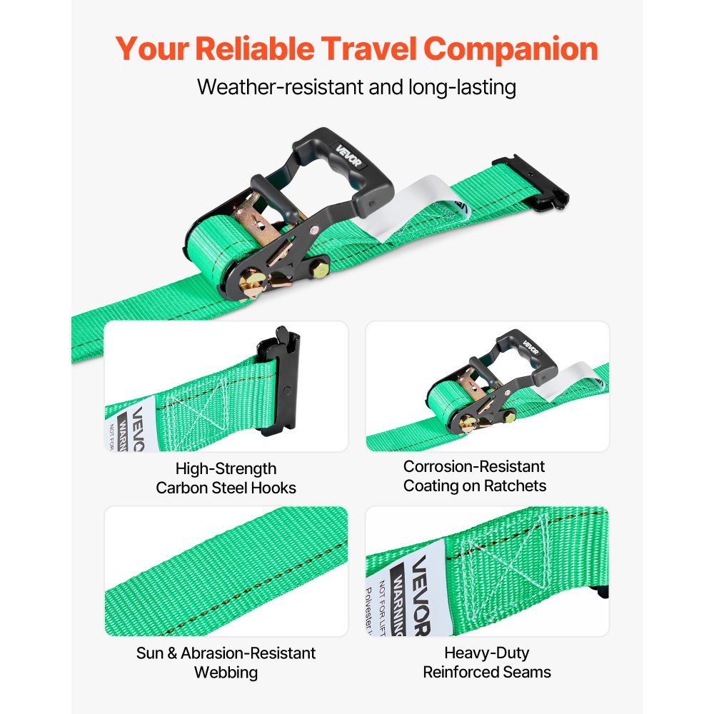 VEVOR Kit de Amarre de Calzo de Ruedas, Correas de Amarre para Ruedas Tipo Calzo con Hebilla, Resistencia a la Rotura de 1986,73 kg, Carga de Trabajo de 662 kg, para Vehículos, ATV, UTV, Verde