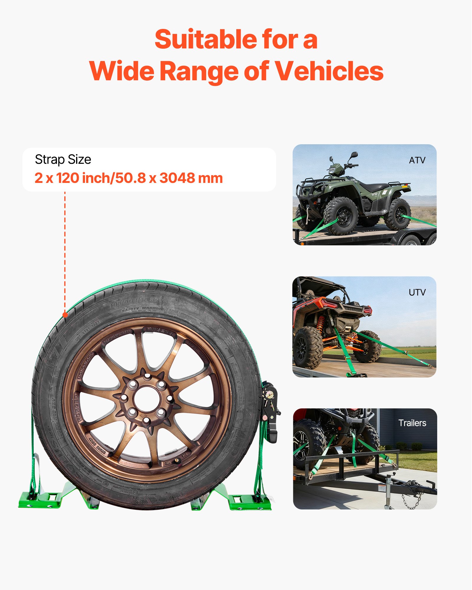 VEVOR Kit de Amarre de Calzo de Ruedas, Correas de Amarre para Ruedas Tipo Calzo con Hebilla, Resistencia a la Rotura de 1986,73 kg, Carga de Trabajo de 662 kg, para Vehículos, ATV, UTV, Verde