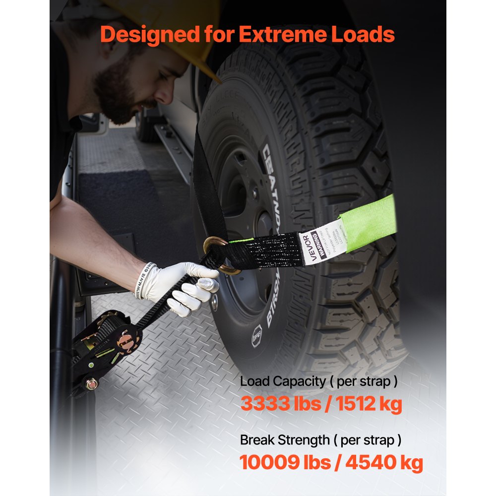 VEVOR Kit de Amarre de Calzo de Ruedas 50,8 x 3048 mm, Correas de Amarre para Rueda con Ganchos Planos, Resistencia a la Rotura de 4540 kg, Carga de Trabajo de 1512 kg, para Vehículos, SUV, Remolques