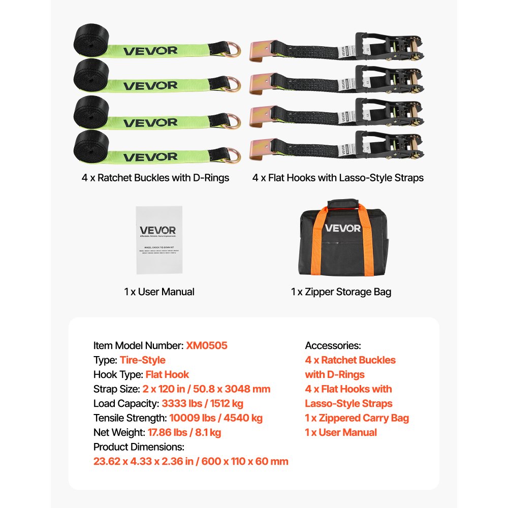 VEVOR Kit de Amarre de Calzo de Ruedas 50,8 x 3048 mm, Correas de Amarre para Rueda con Ganchos Planos, Resistencia a la Rotura de 4540 kg, Carga de Trabajo de 1512 kg, para Vehículos, SUV, Remolques