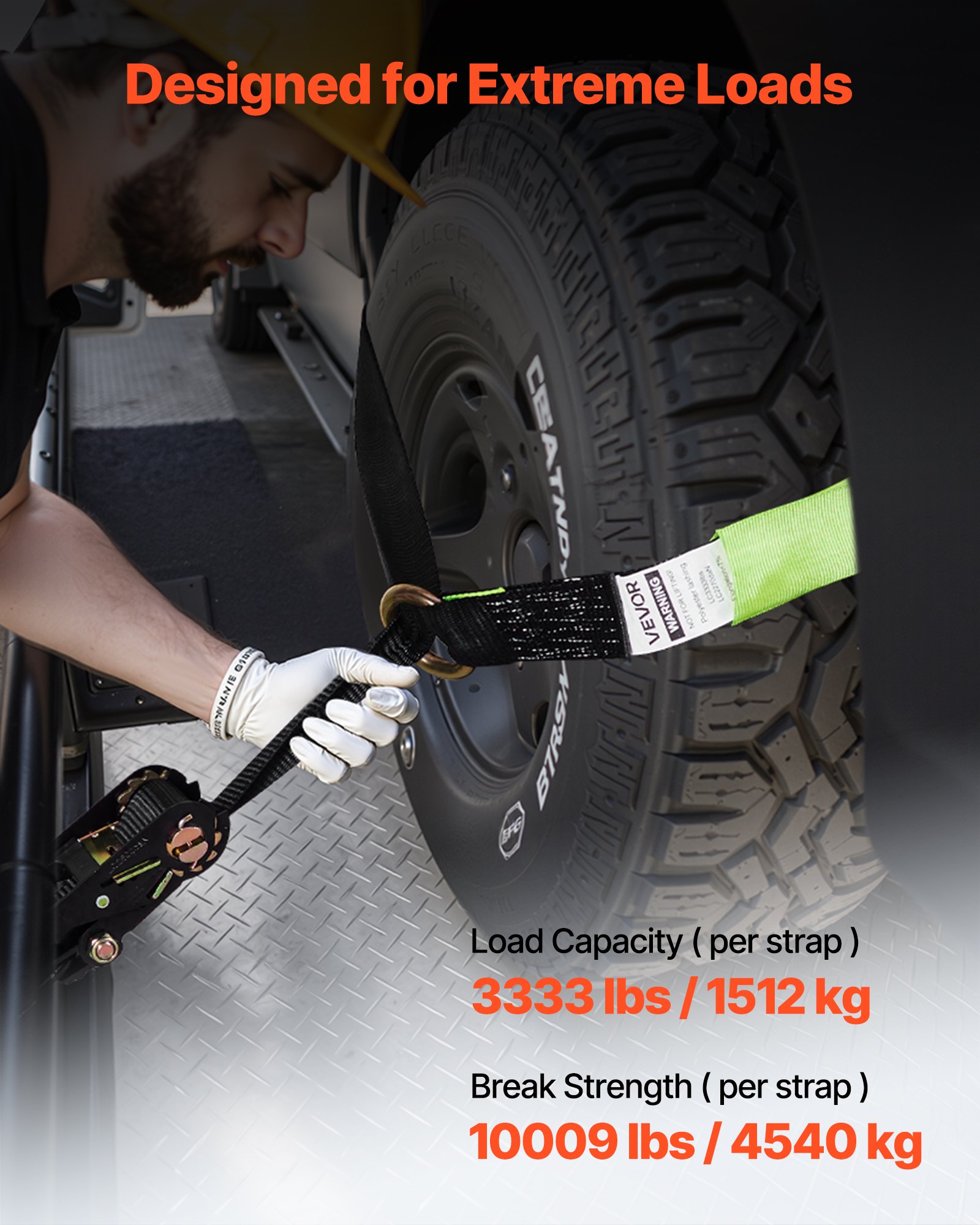VEVOR Kit de Amarre de Calzo de Ruedas 50,8 x 3048 mm, Correas de Amarre para Rueda con Ganchos Planos, Resistencia a la Rotura de 4540 kg, Carga de Trabajo de 1512 kg, para Vehículos, SUV, Remolques