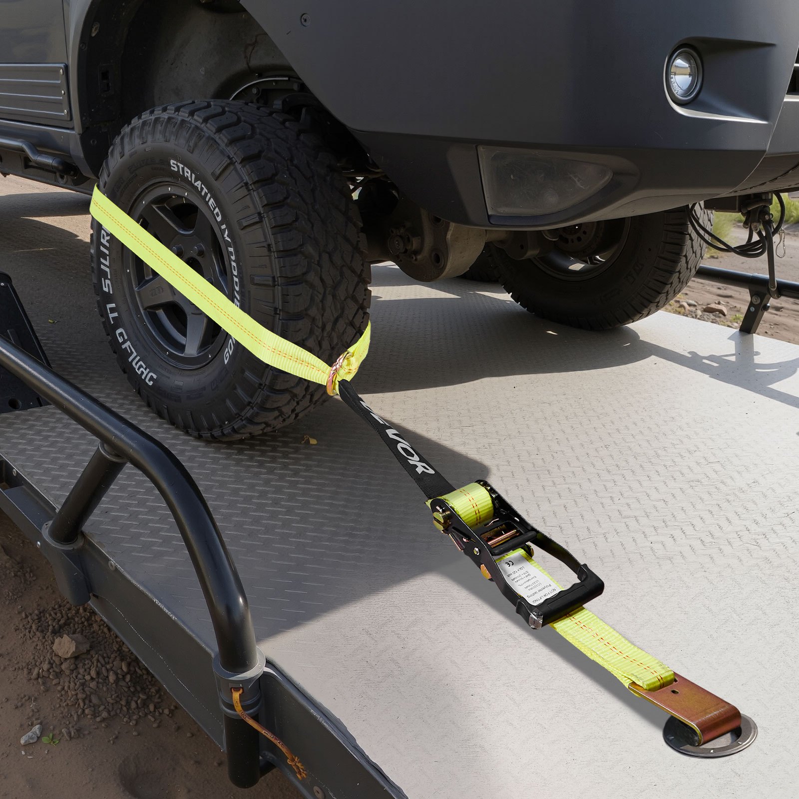 VEVOR Kit de Amarre de Calzo de Ruedas 50,8 x 3048 mm, Correas de Amarre para Rueda con Gancho Plano, Resistencia a la Rotura de 4540 kg, Carga de Trabajo de 1512 kg, para Vehículos, Negro y Amarillo