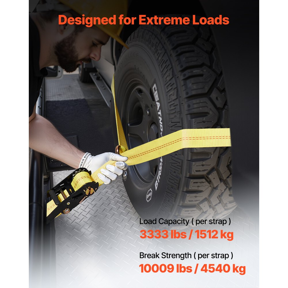 VEVOR Kit de Amarre de Calzo de Ruedas 50,8 x 3657,6 mm, Correas de Amarre para Rueda con Gancho de Resorte, Resistencia a la Rotura de 4540 kg, Carga de Trabajo de 1512 kg, para ATV, SUV, Remolques