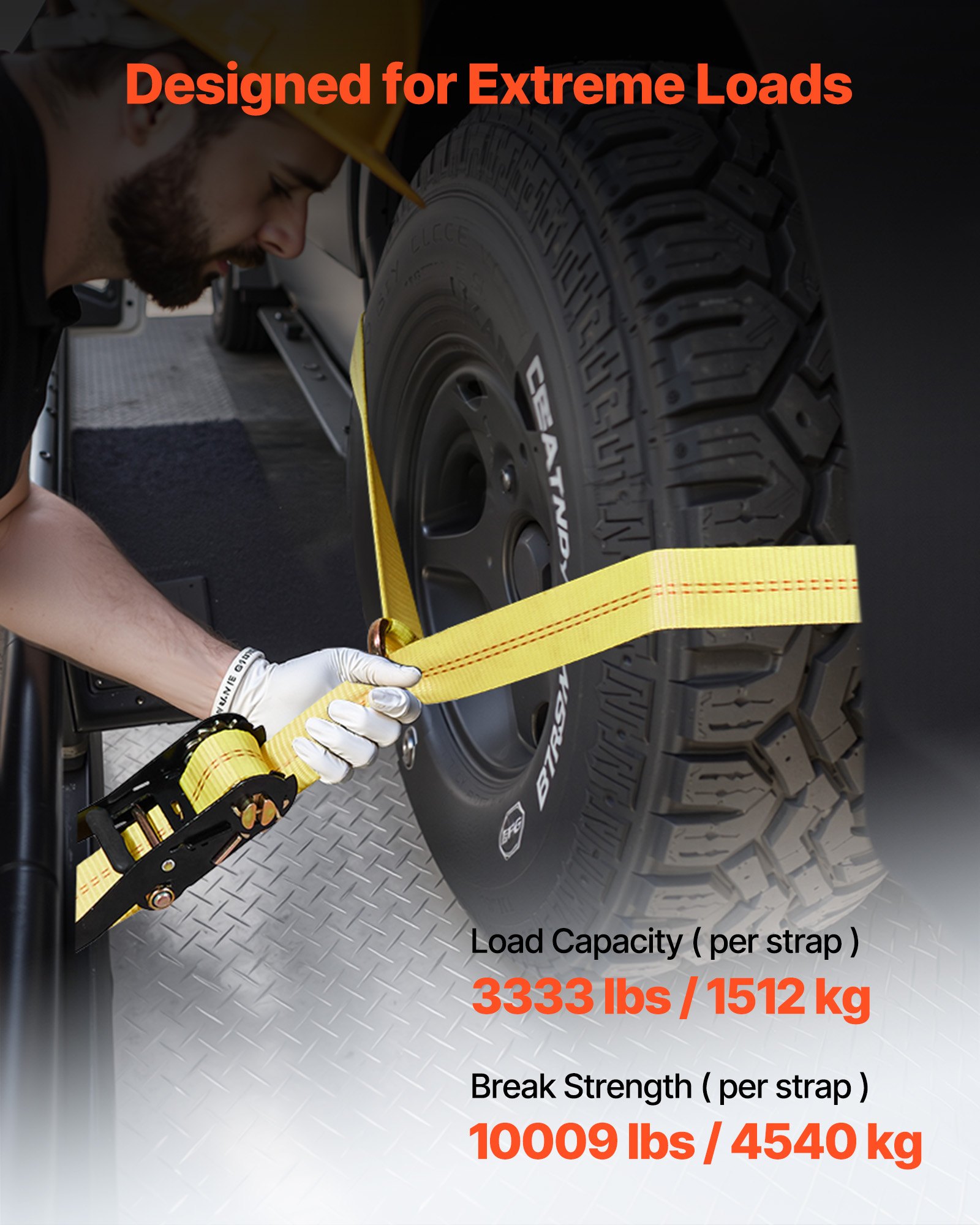 VEVOR Kit de Amarre de Calzo de Ruedas 50,8 x 3657,6 mm, Correas de Amarre para Rueda con Gancho de Resorte, Resistencia a la Rotura de 4540 kg, Carga de Trabajo de 1512 kg, para ATV, SUV, Remolques