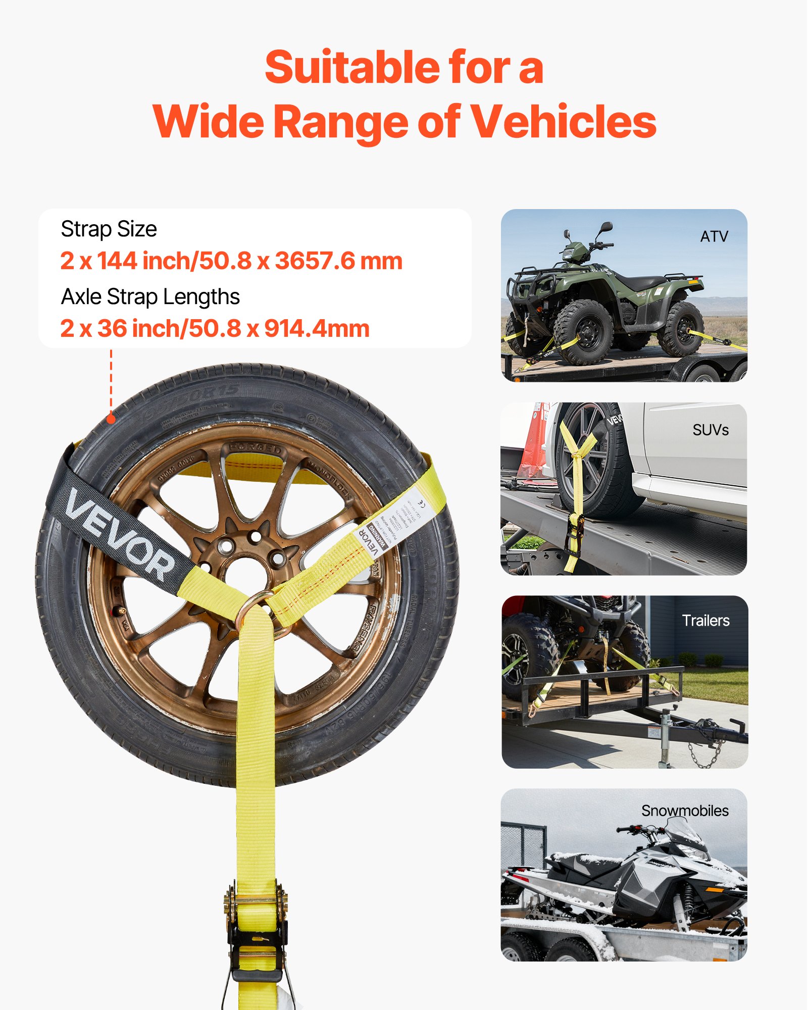 VEVOR Kit de Amarre de Calzo de Ruedas 50,8 x 3657,6 mm, Correas de Amarre para Rueda con Gancho de Resorte, Resistencia a la Rotura de 4540 kg, Carga de Trabajo de 1512 kg, para ATV, SUV, Remolques