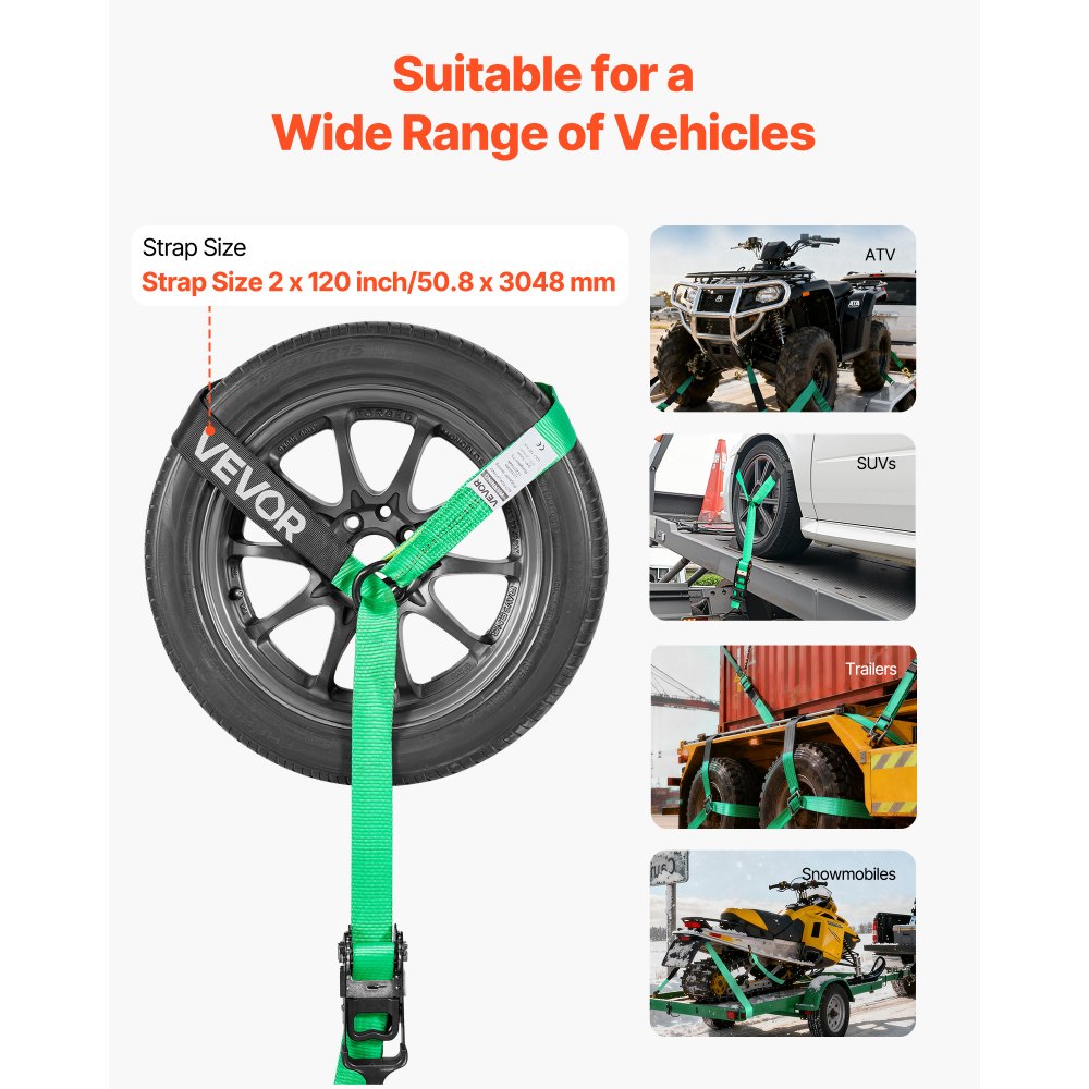 VEVOR Kit de Amarre de Calzo de Ruedas 50,8 x 3048 mm, Correas de Amarre para Rueda con Gancho Resistente, Resistencia a la Rotura de 4540 kg, Carga de Trabajo de 1512 kg, para ATV, SUV, Negro Verde